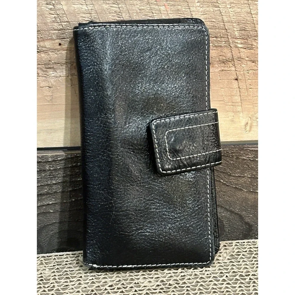 Fossil Trifold Wallet Womens Black Leather Checkbook Pen Holder Change‎ Cards